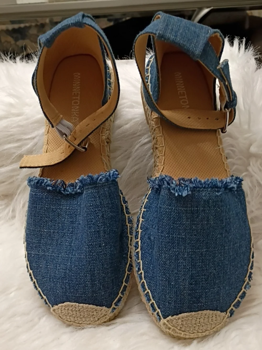 New W/Flaw Minnetonka Denim Blue Espadrille Sandals with Ankle Strap 8M